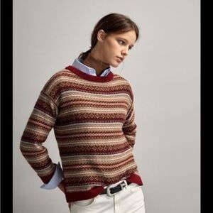Massimo Dutti Red and Brown Crew Neck Sweater with Fair Isle Pattern size xs